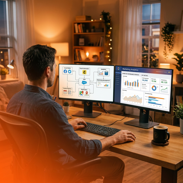 Marketer working with dual screens showing marketing automation flowcharts and analytics